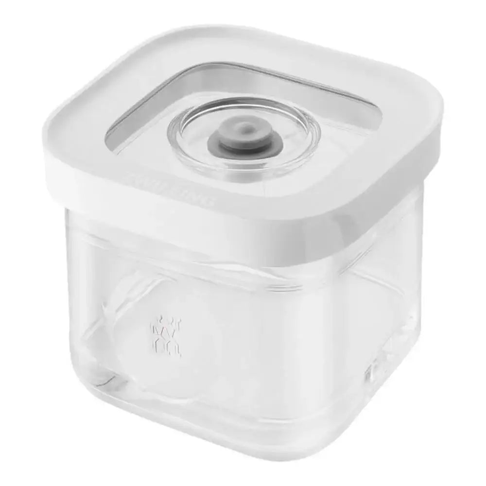 Clear plastic container with a white lid on a white background