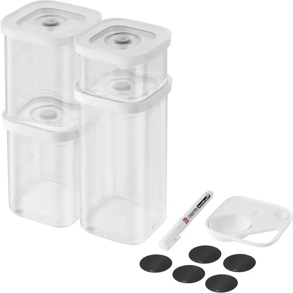 Set of clear plastic containers with lids, a marker, and black labels on a white background