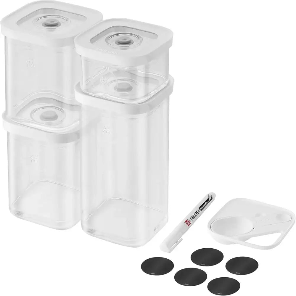Set of clear plastic containers with lids, a marker, and black labels on a white background
