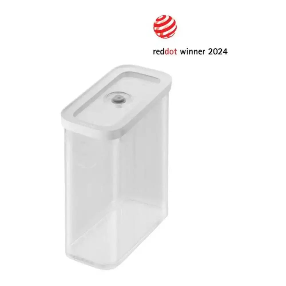 White rectangular container with a lid on a white background, featuring the Red Dot Award logo.