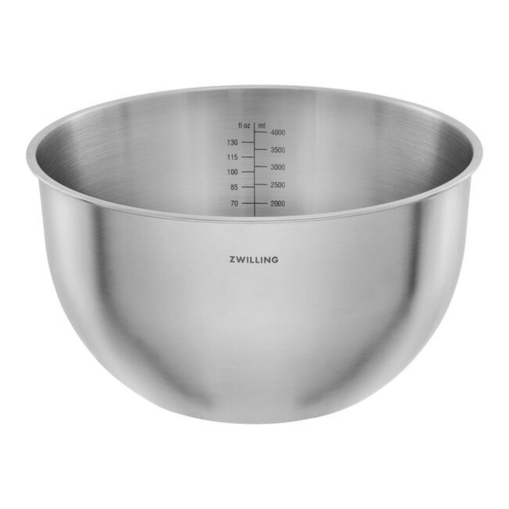 Stainless steel mixing bowl with measurement markings on a white background