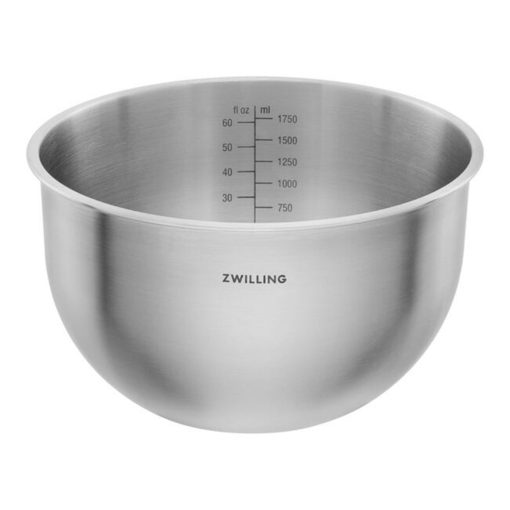 Stainless steel mixing bowl with measurement markings on a white background