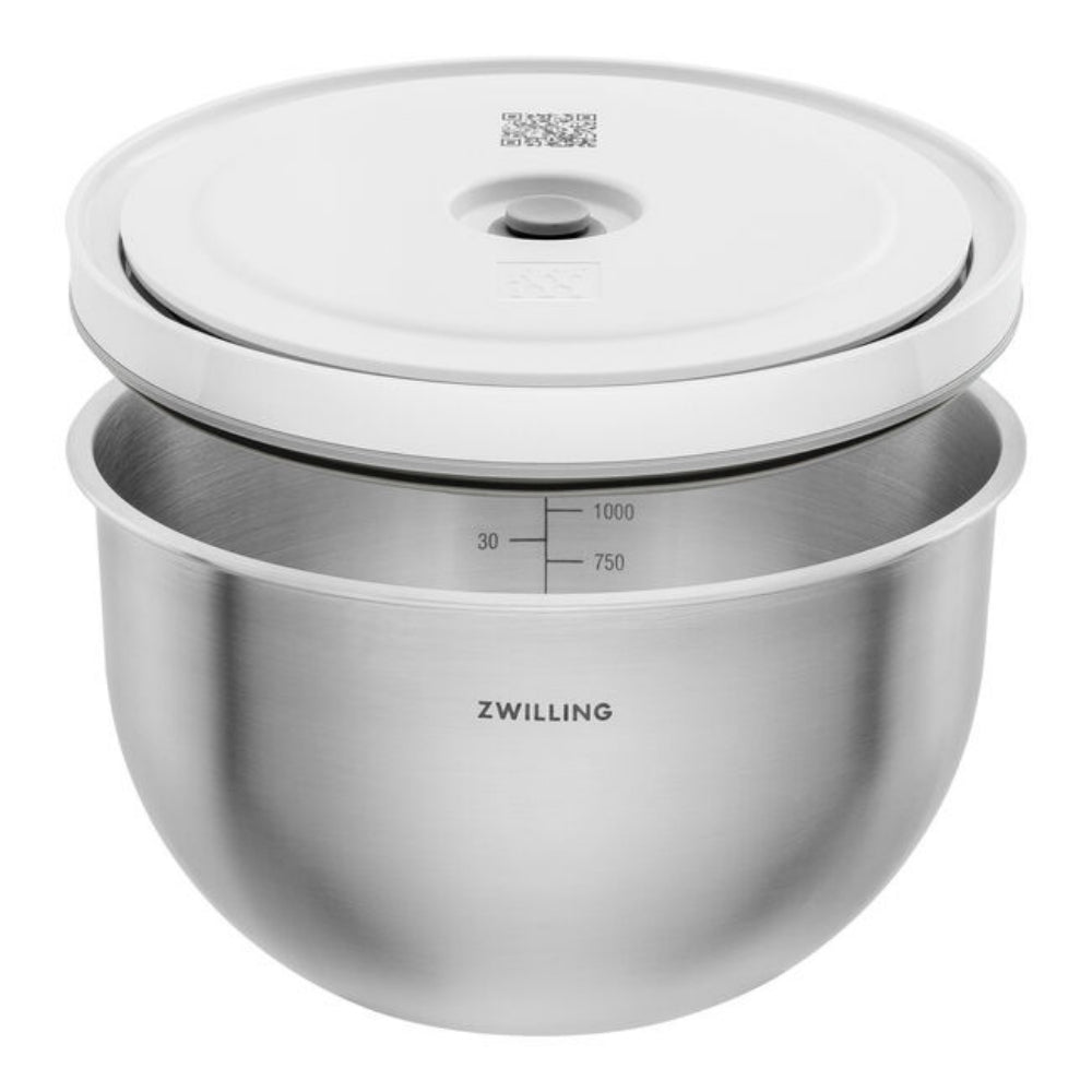 Stainless steel mixing bowl with lid on a white background, featuring the Zwilling brand.