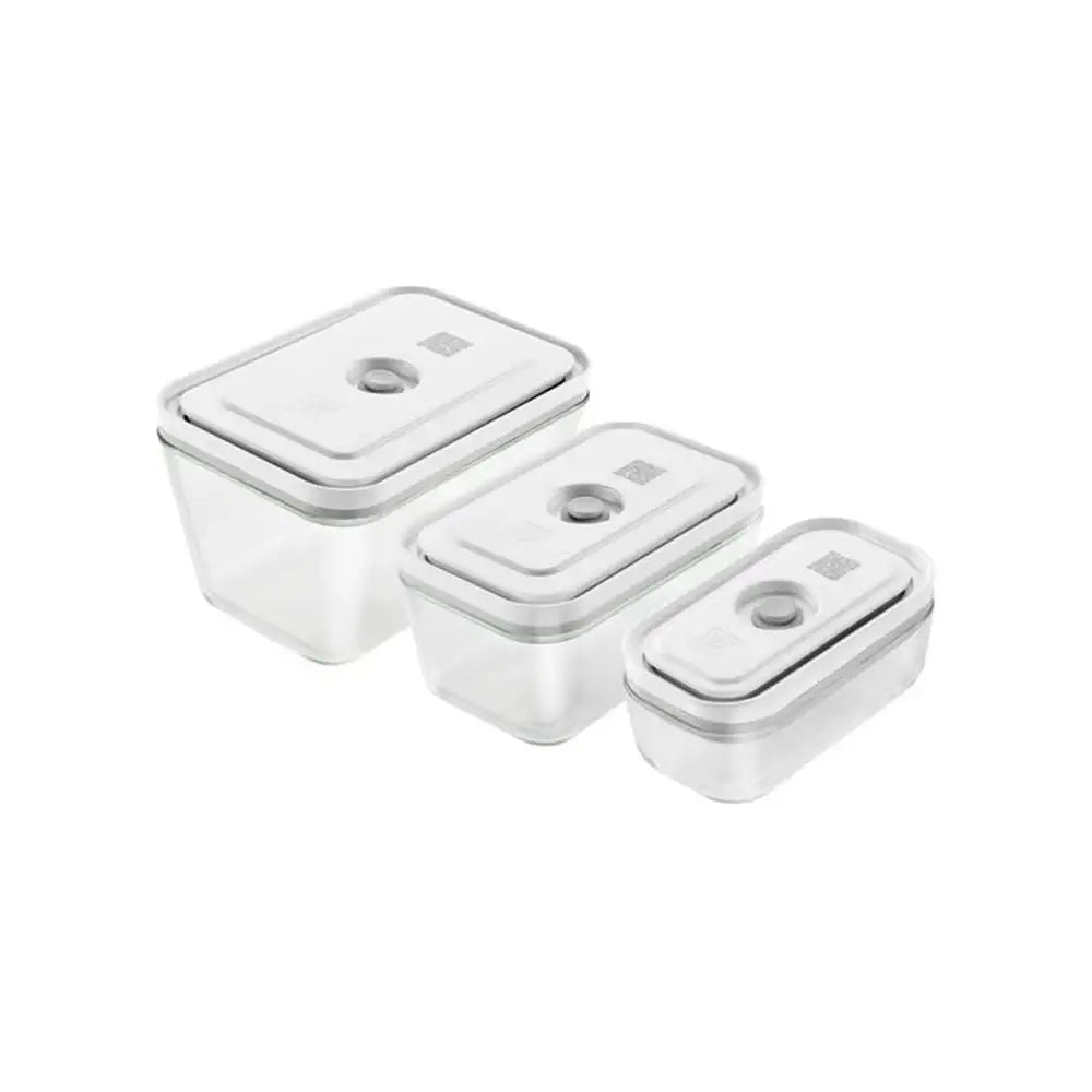 Set of three white food storage containers with lids on a white background