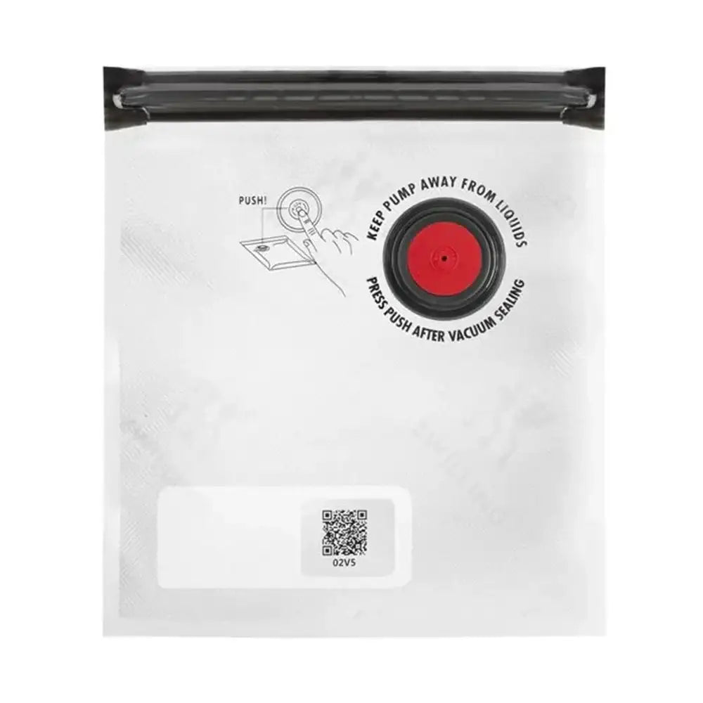 Vacuum seal bag with pump illustration and QR code on a white background