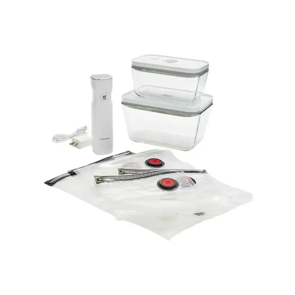 Set of vacuum sealers and containers on a white background