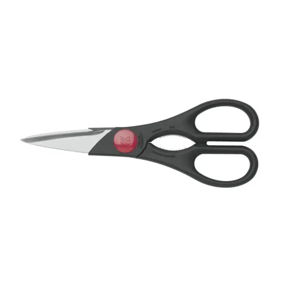 Black-handled scissors with a red button on a white background