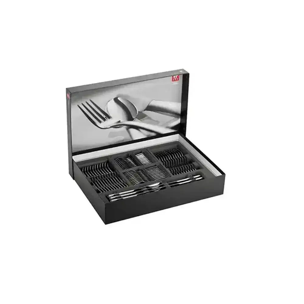 Silver cutlery set in an open black box on a white background