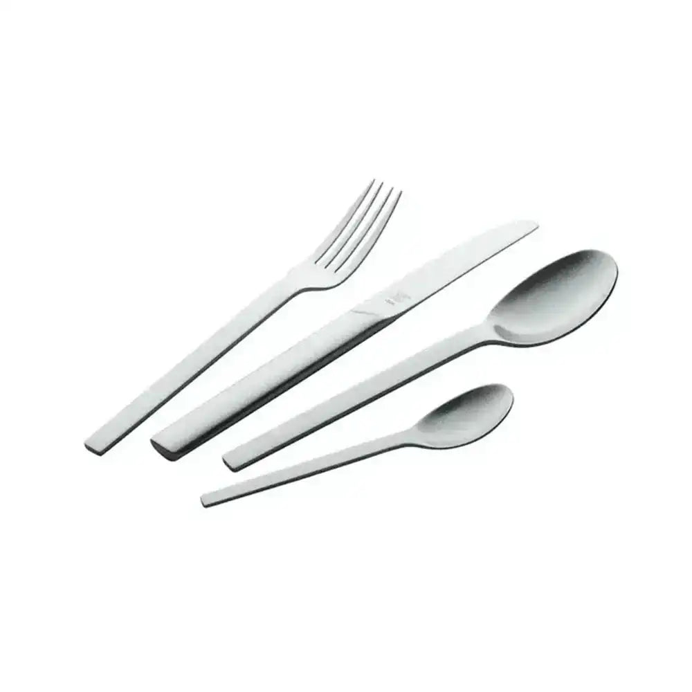 Set of silver cutlery including a fork, knife, and two spoons on a white background