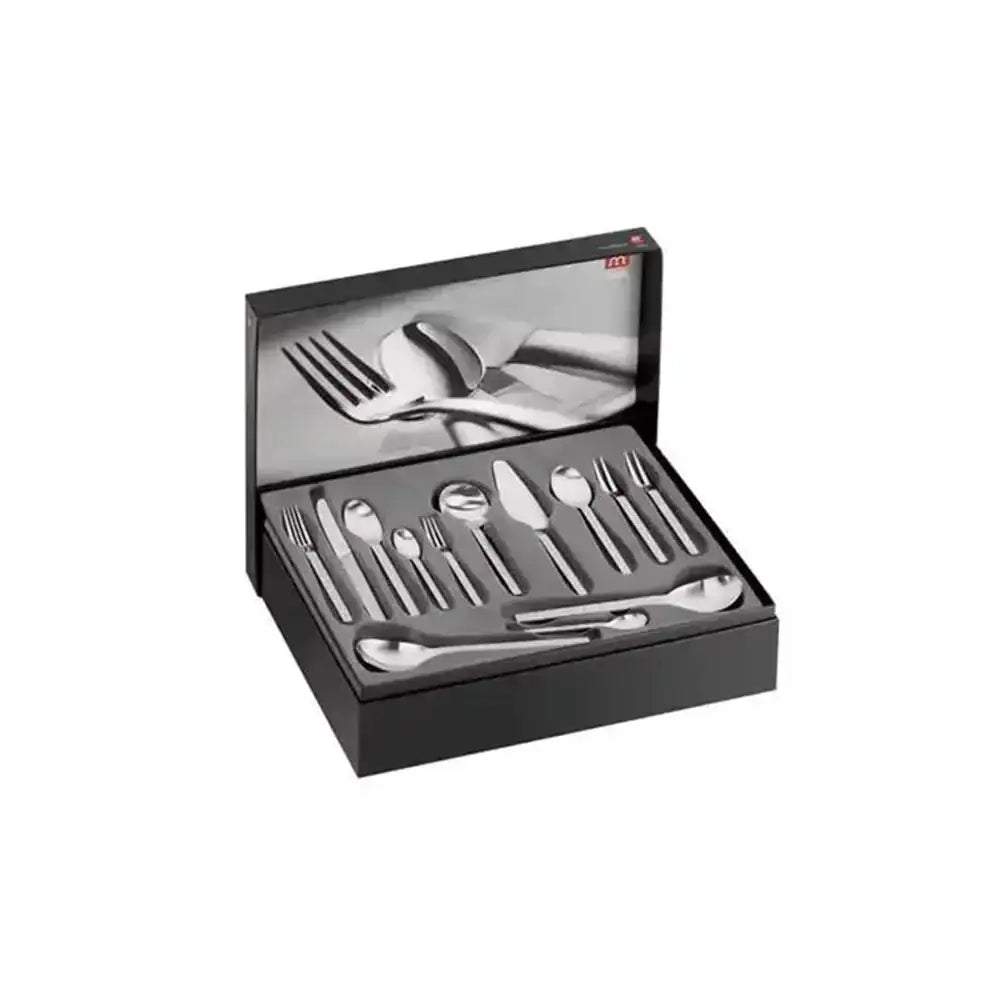Set of silver cutlery in an open black box on a white background