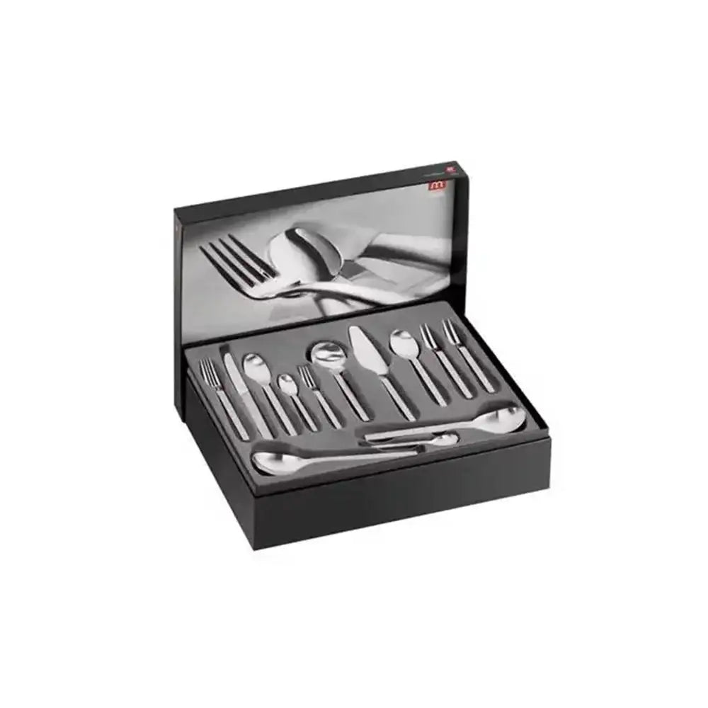 Set of silver cutlery in an open black box on a white background