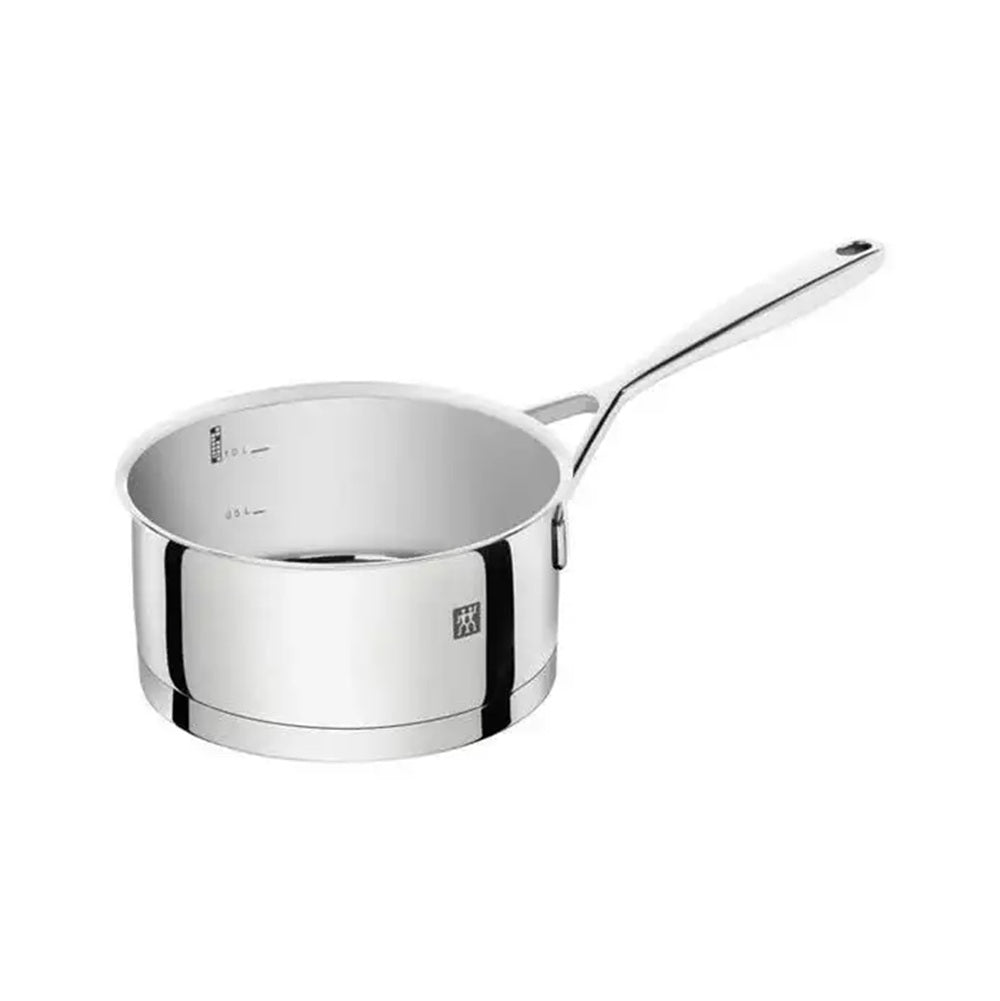 Stainless steel saucepan on a white background