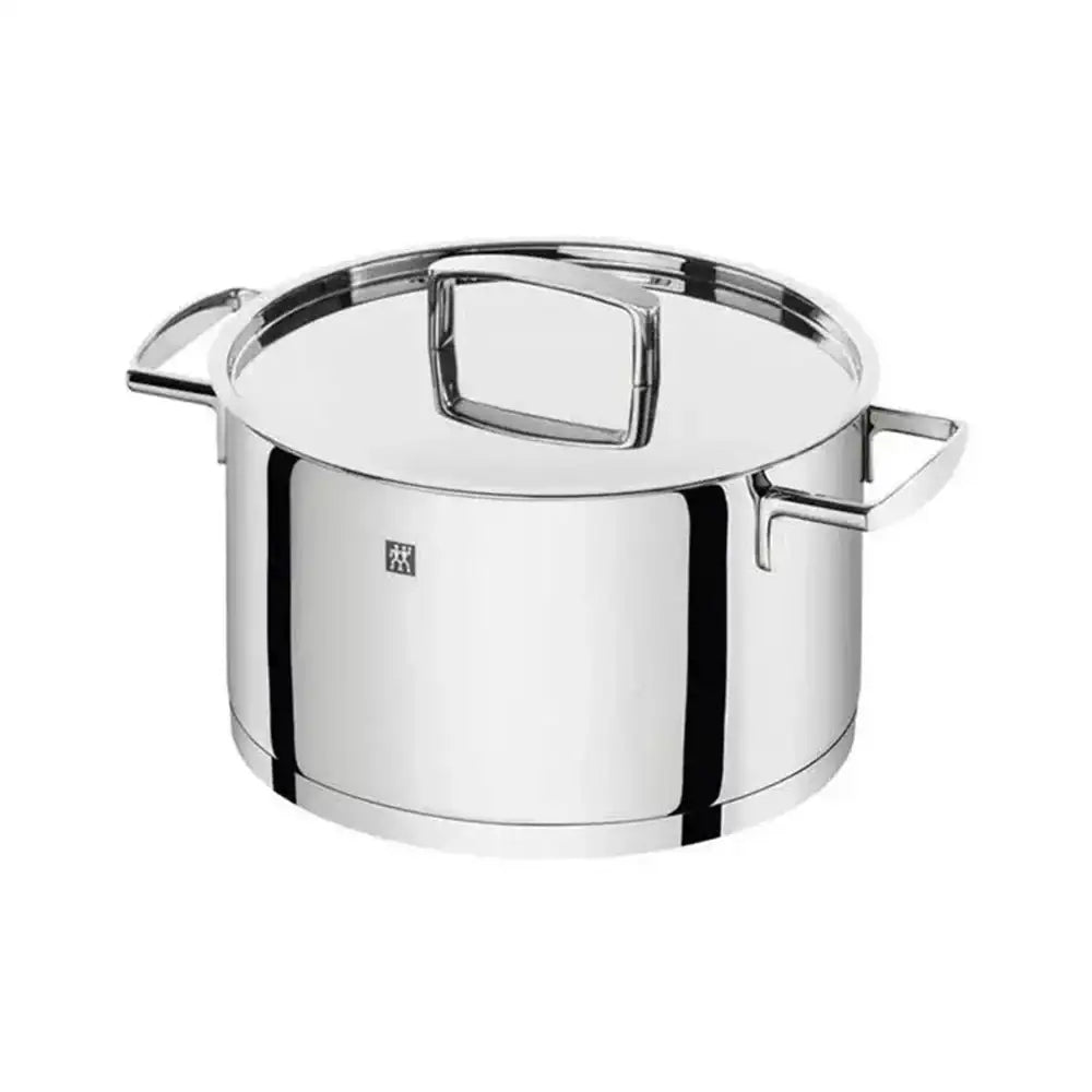 Stainless steel pot with lid on a white background