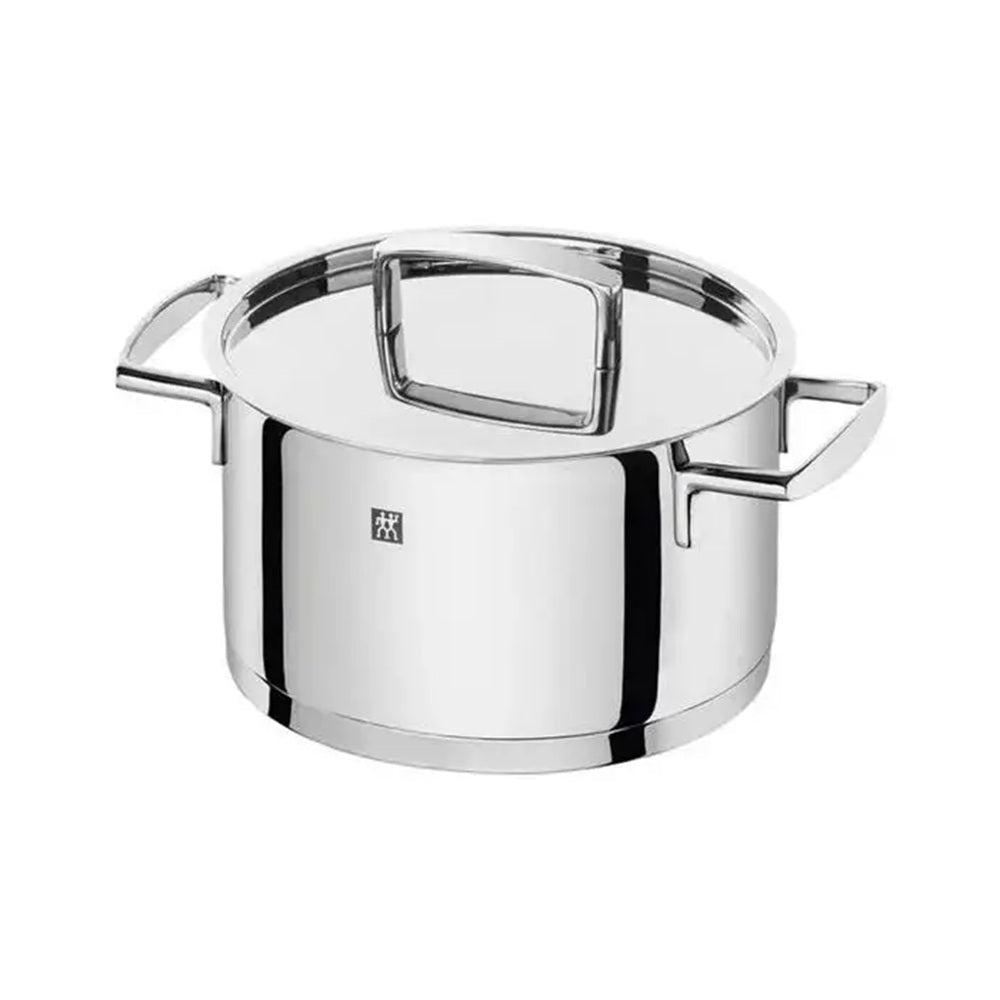 Stainless steel pot with lid on a white background