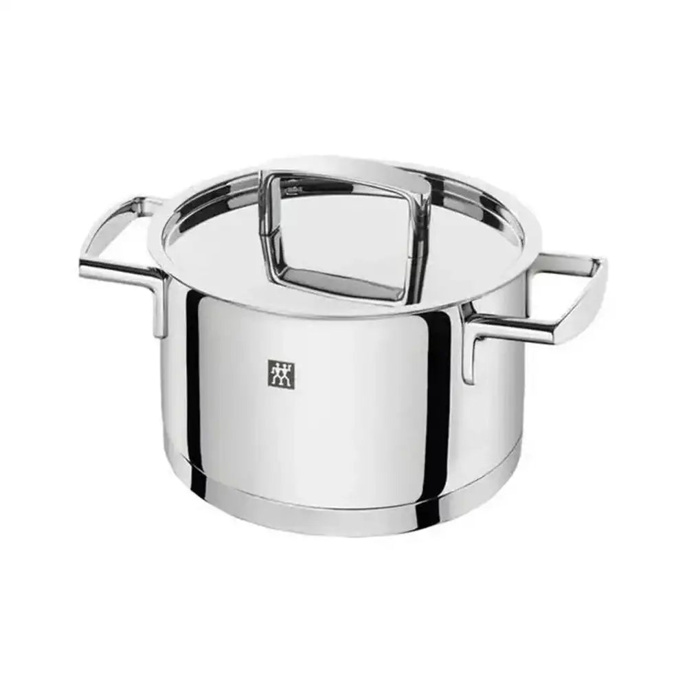 Stainless steel pot with handles on a white background