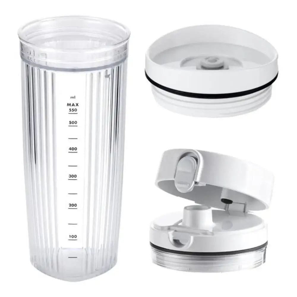Clear blender container with white lid and base on a white background