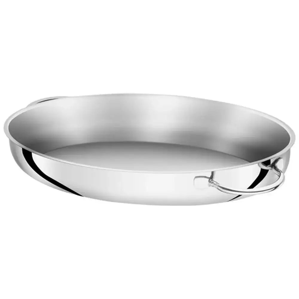 Stainless steel frying pan on a white background
