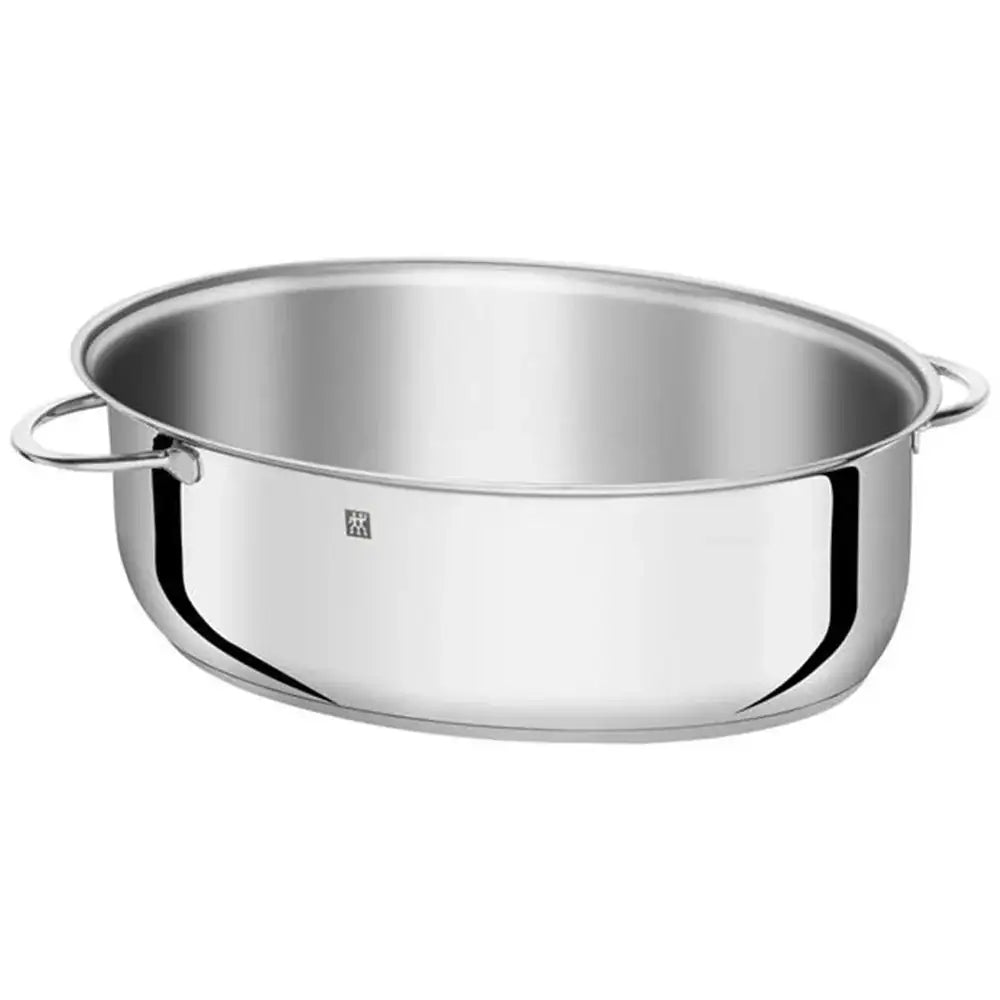 Stainless steel pot with handles on a white background