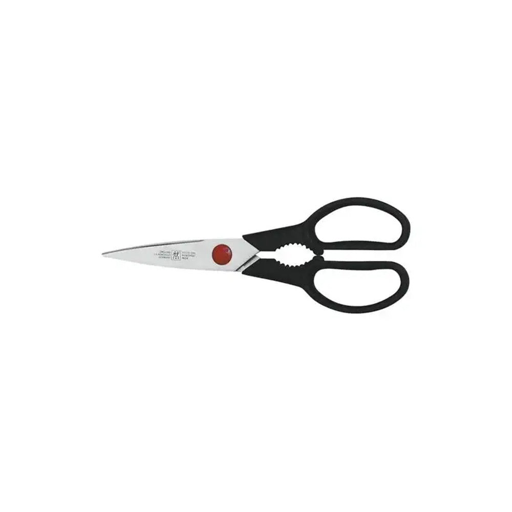 Pair of scissors with black handles on a white background