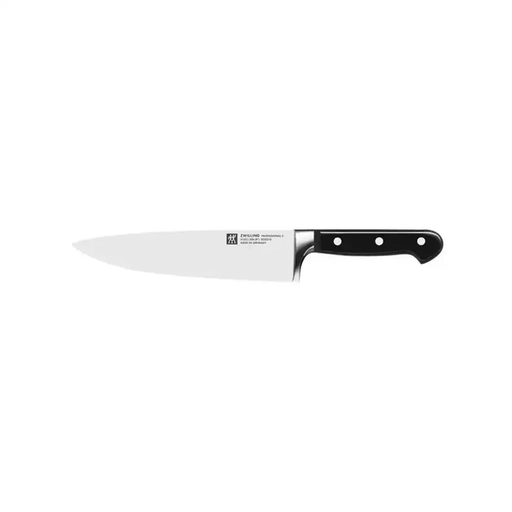 Chef's knife with black handle on a white background