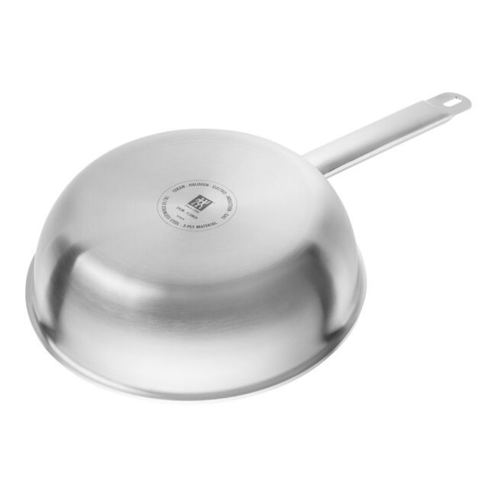 Stainless steel frying pan with a brand logo on a white background