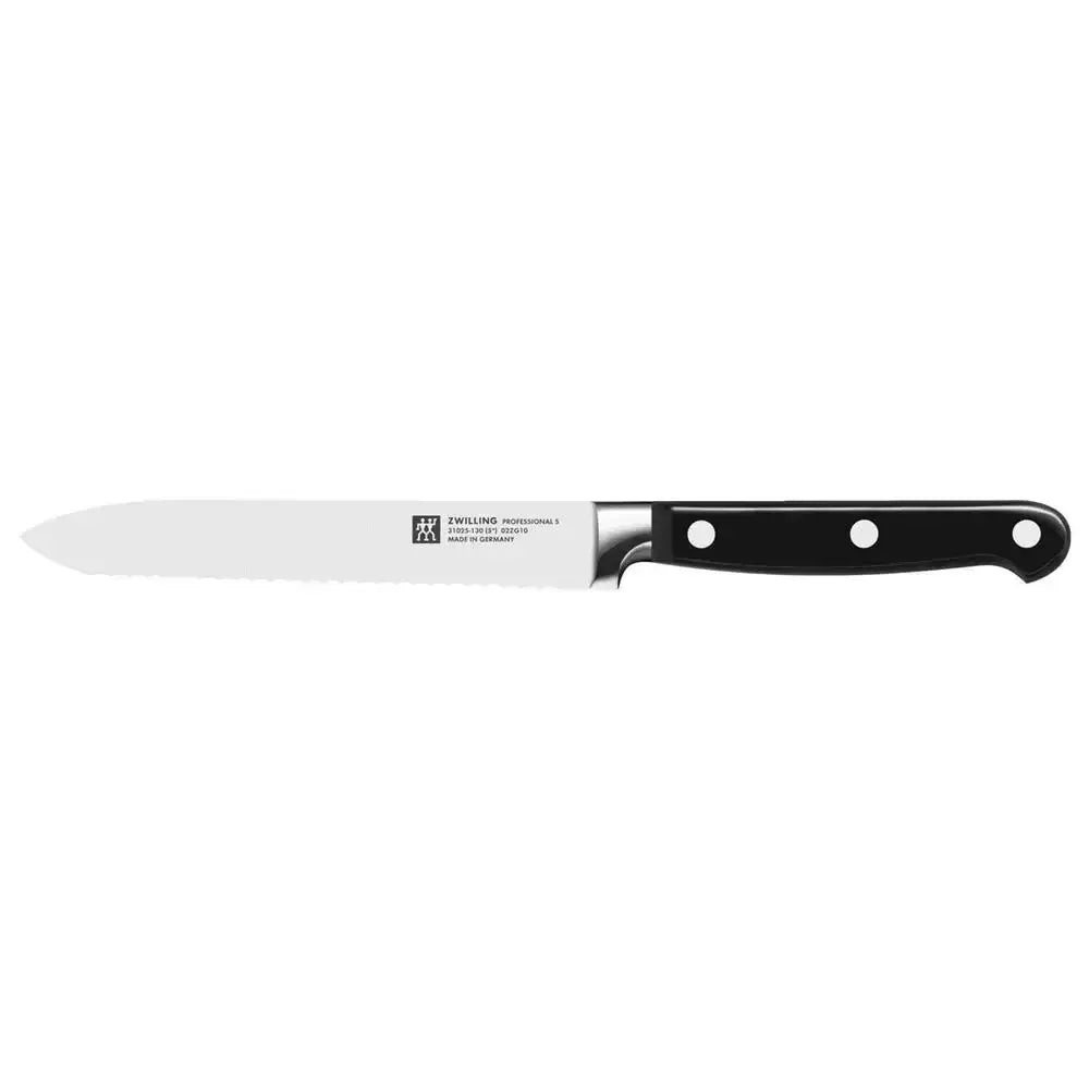 Knife with black handle and silver blade on a white background