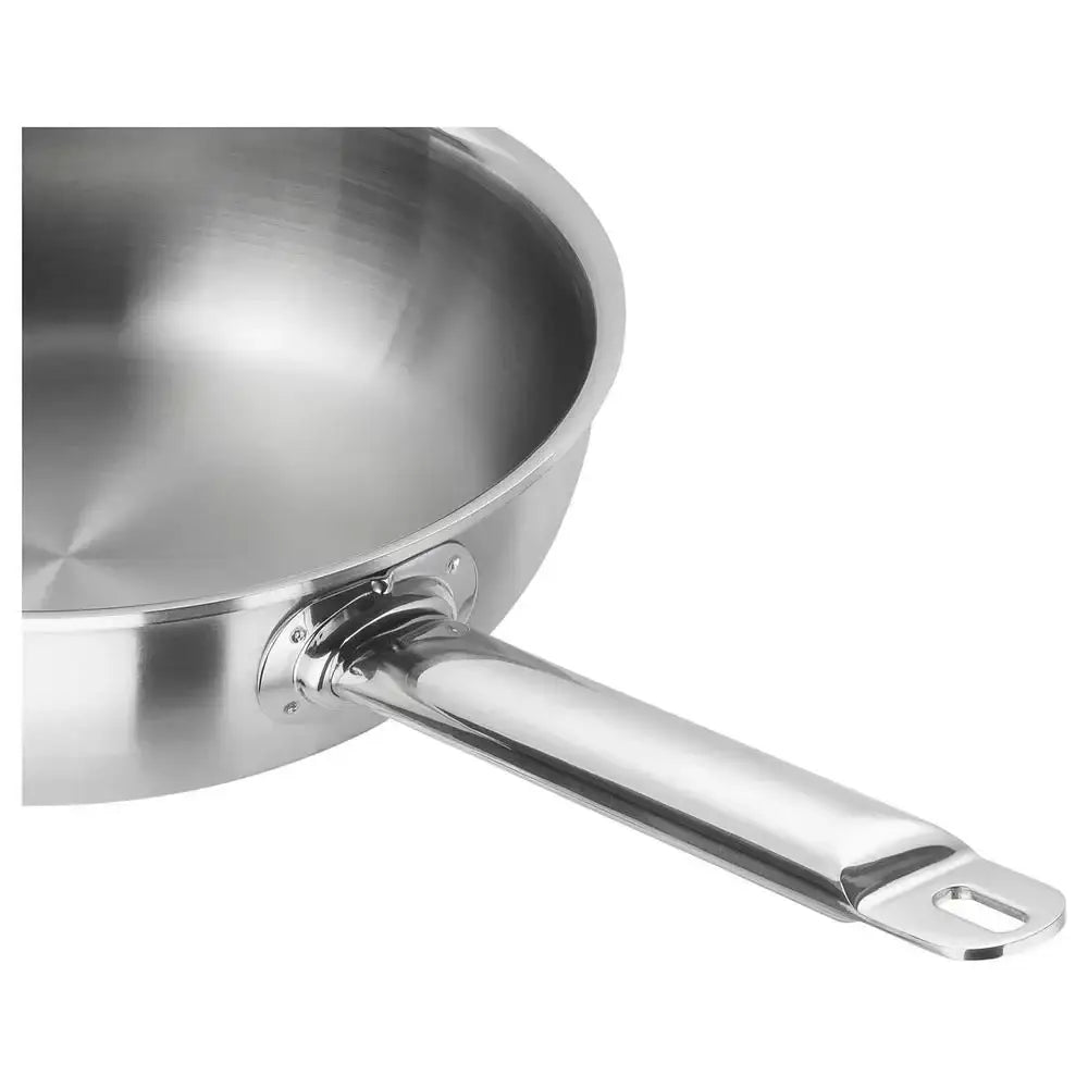 Stainless steel frying pan on a white background
