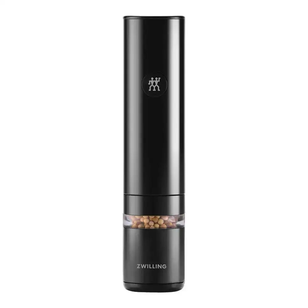 Black pepper grinder with visible brand logo on a white background
