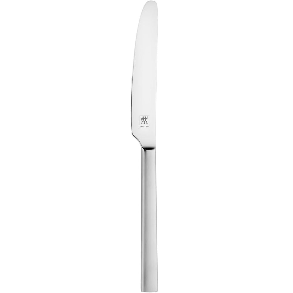 A single stainless steel dinner knife with a polished silver blade and handle, featuring the Zwilling logo.