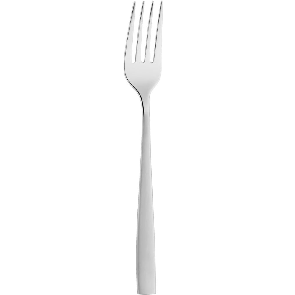 A single polished stainless steel dinner fork with four tines and a sleek, tapered handle, shown vertically against a solid white background.