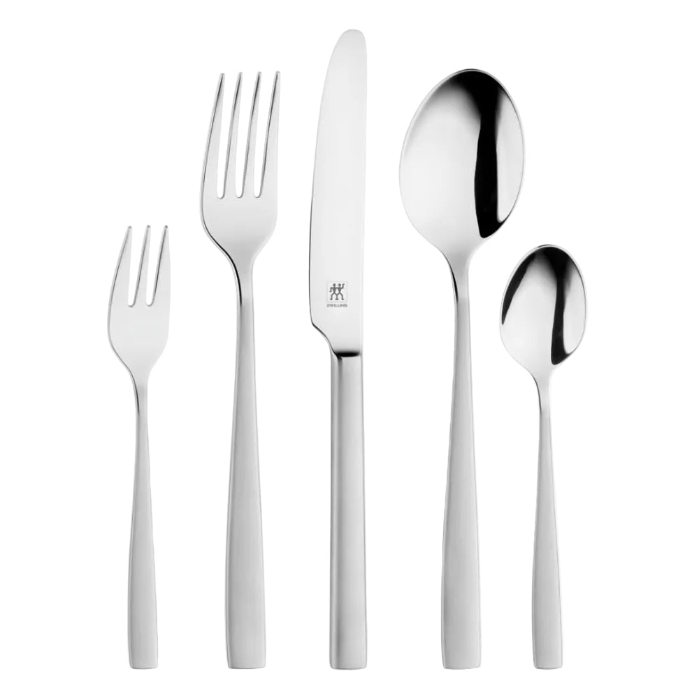 A five-piece stainless steel cutlery set with a polished finish, including a dinner fork, salad fork, knife, soup spoon, and teaspoon, arranged vertically on a plain white background. The knife features the Zwilling logo.