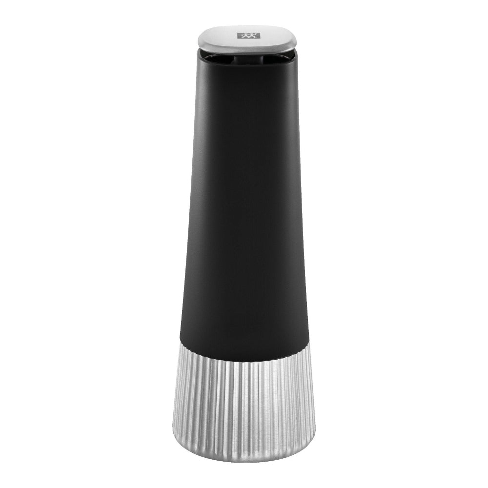 A modern cylindrical electric pepper mill with a matte black body, a ribbed silver metallic base, and a silver top lid featuring a visible QR code.