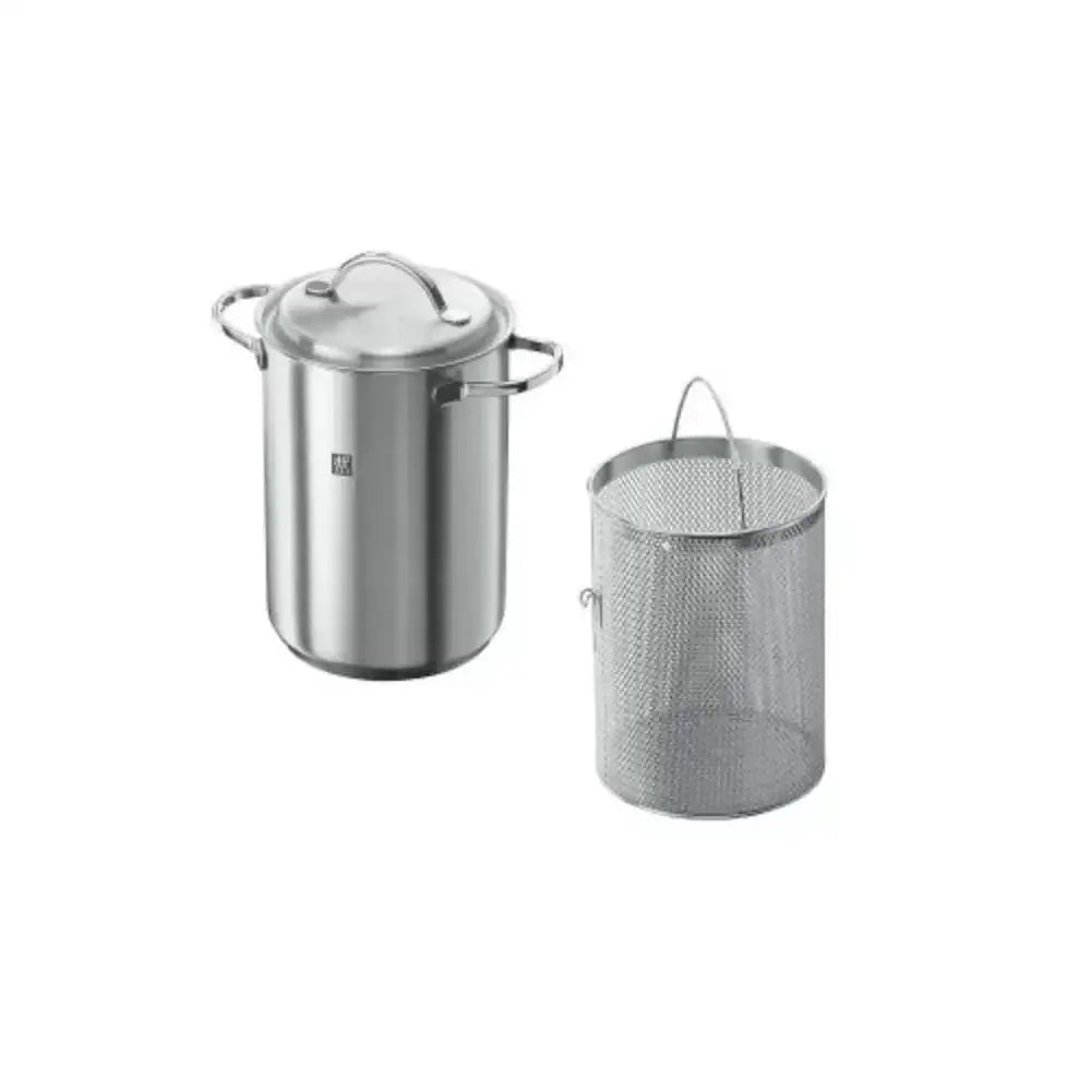 Stainless steel pot with lid and mesh strainer on a white background