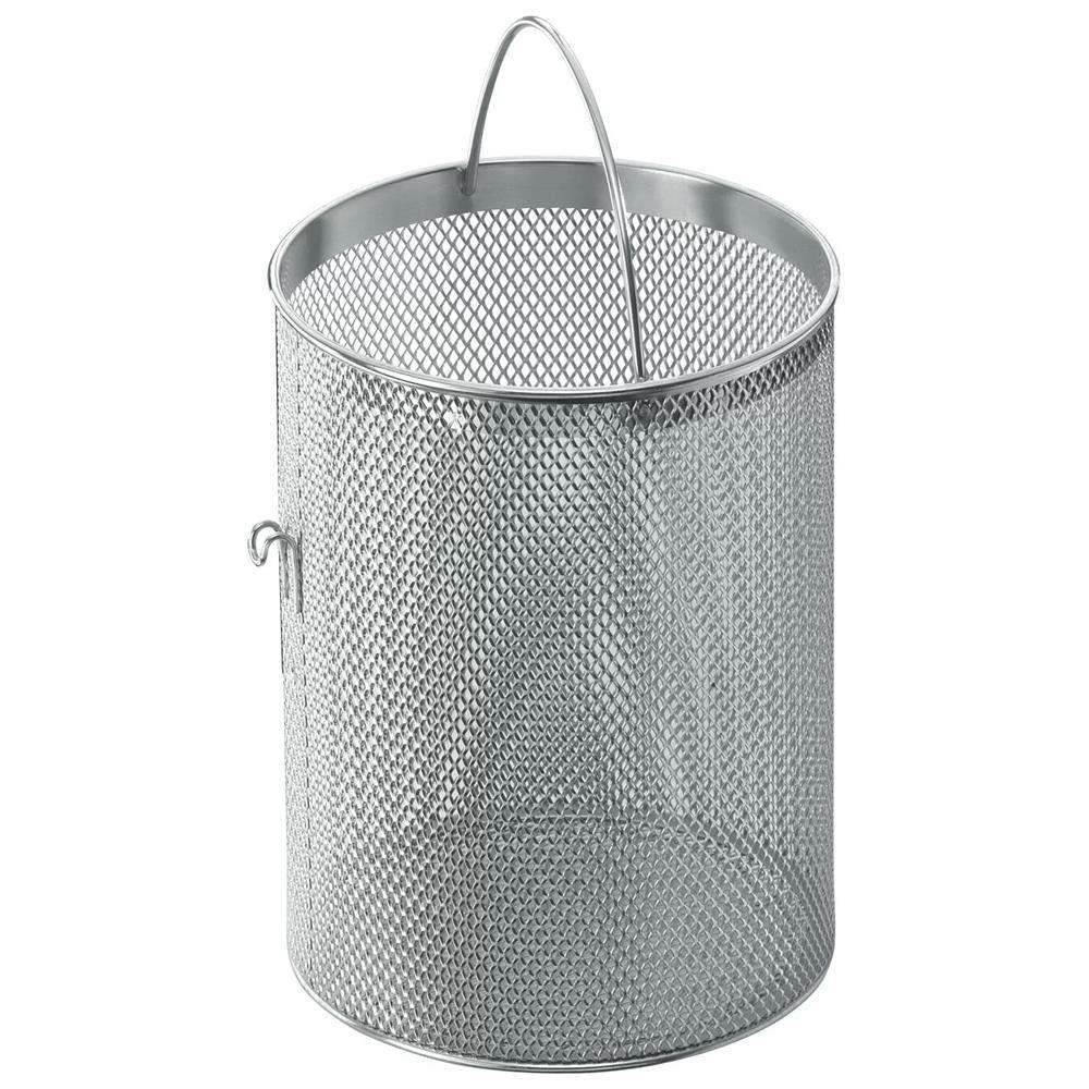 Metal mesh laundry basket on a white background