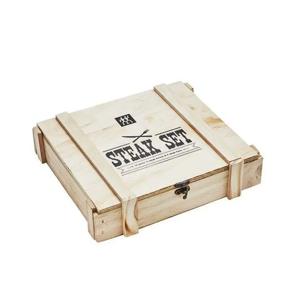 Wooden box labeled 'Steak Set' on a white background