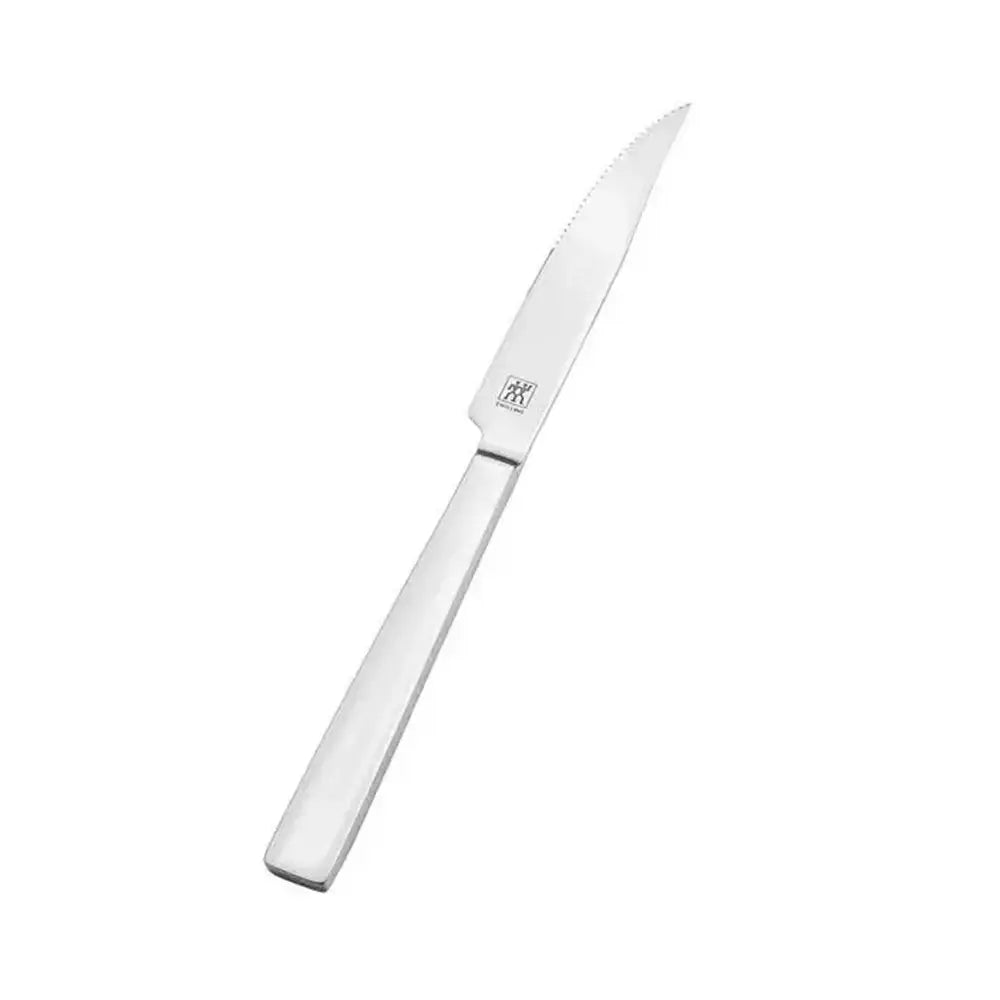 Silver steak knife with a brand logo on a white background