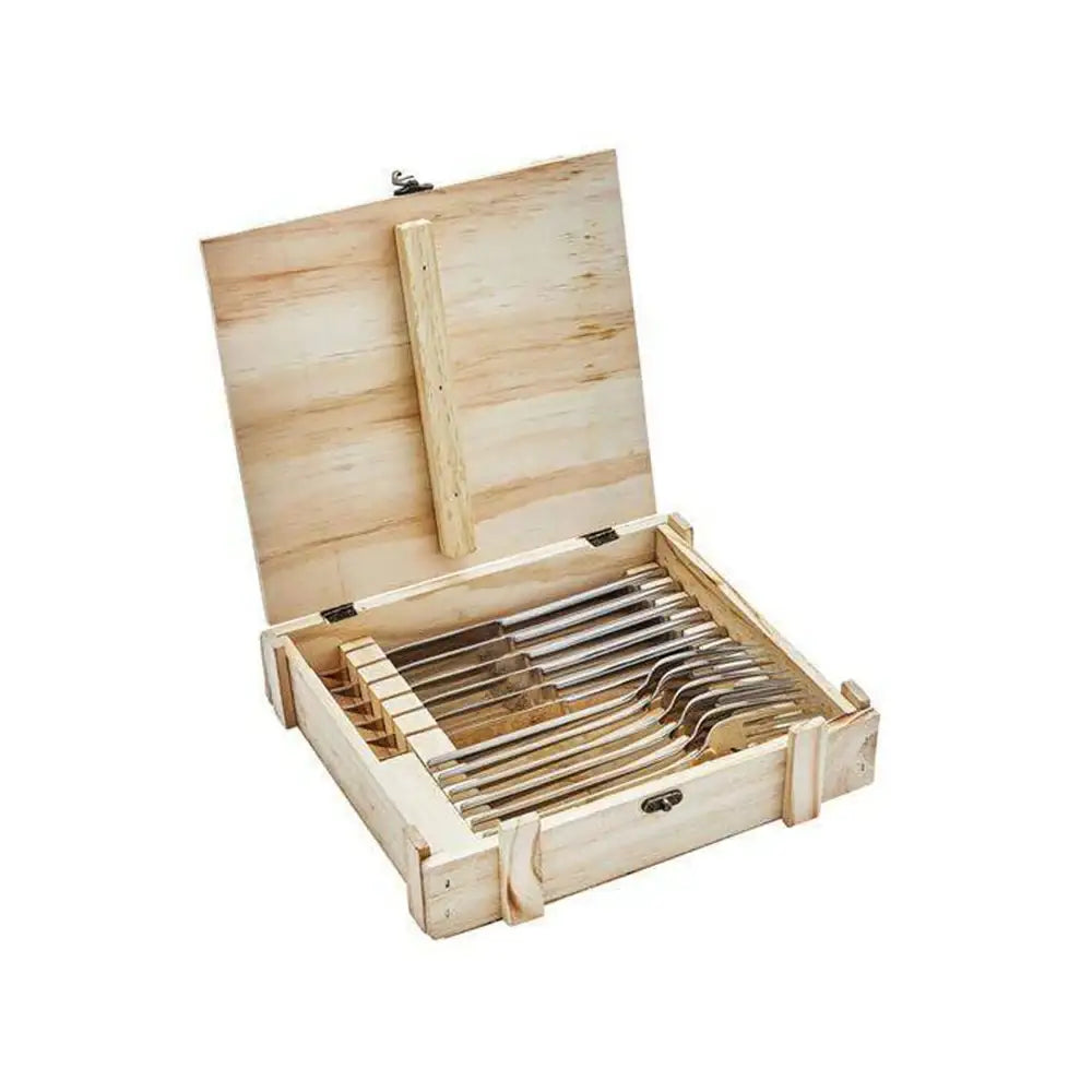 Set of knives in a wooden box on a white background