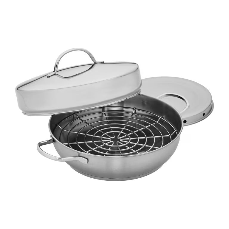 Stainless steel stovetop smoker with removable wire rack and lid on white background