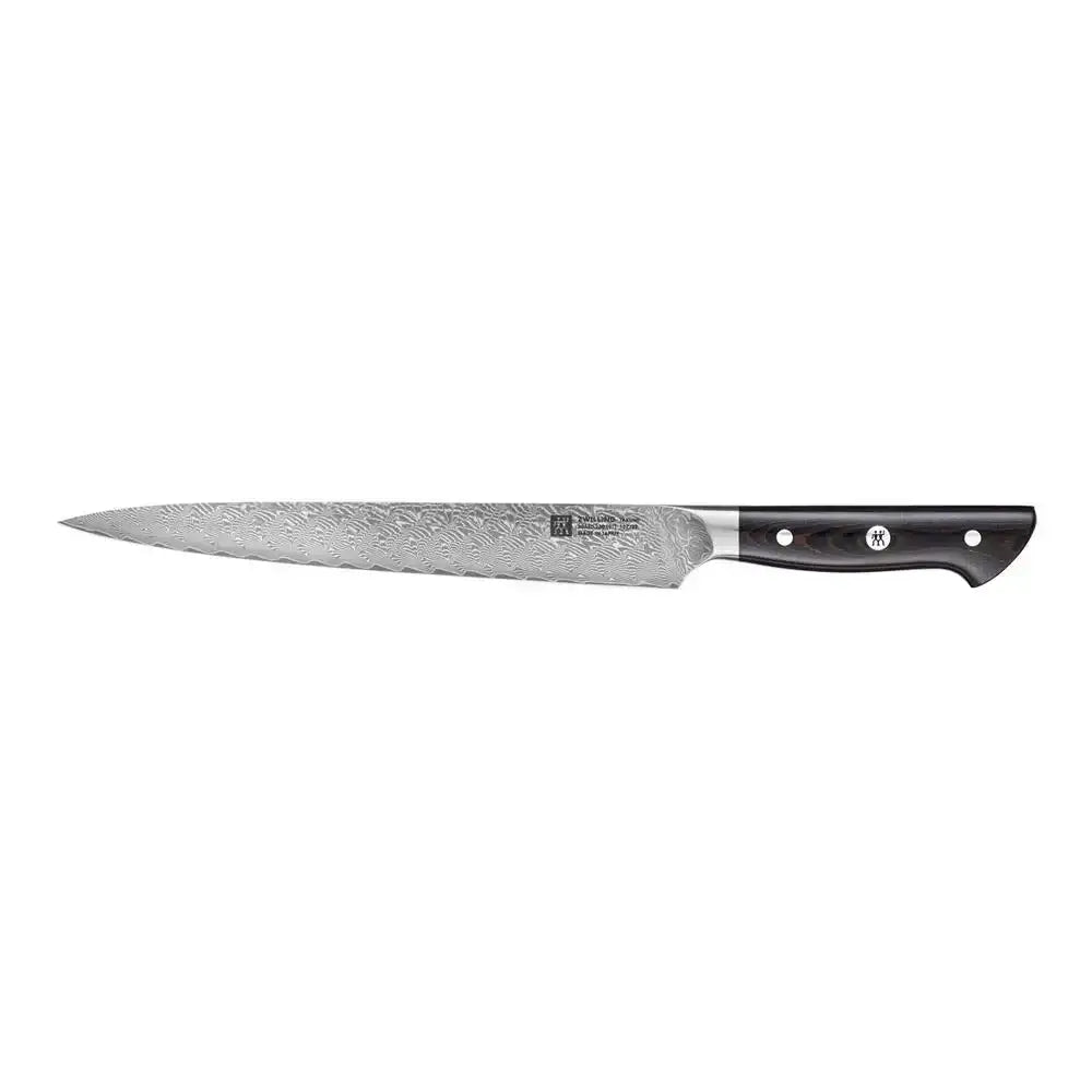 Chef's knife with a black handle on a white background