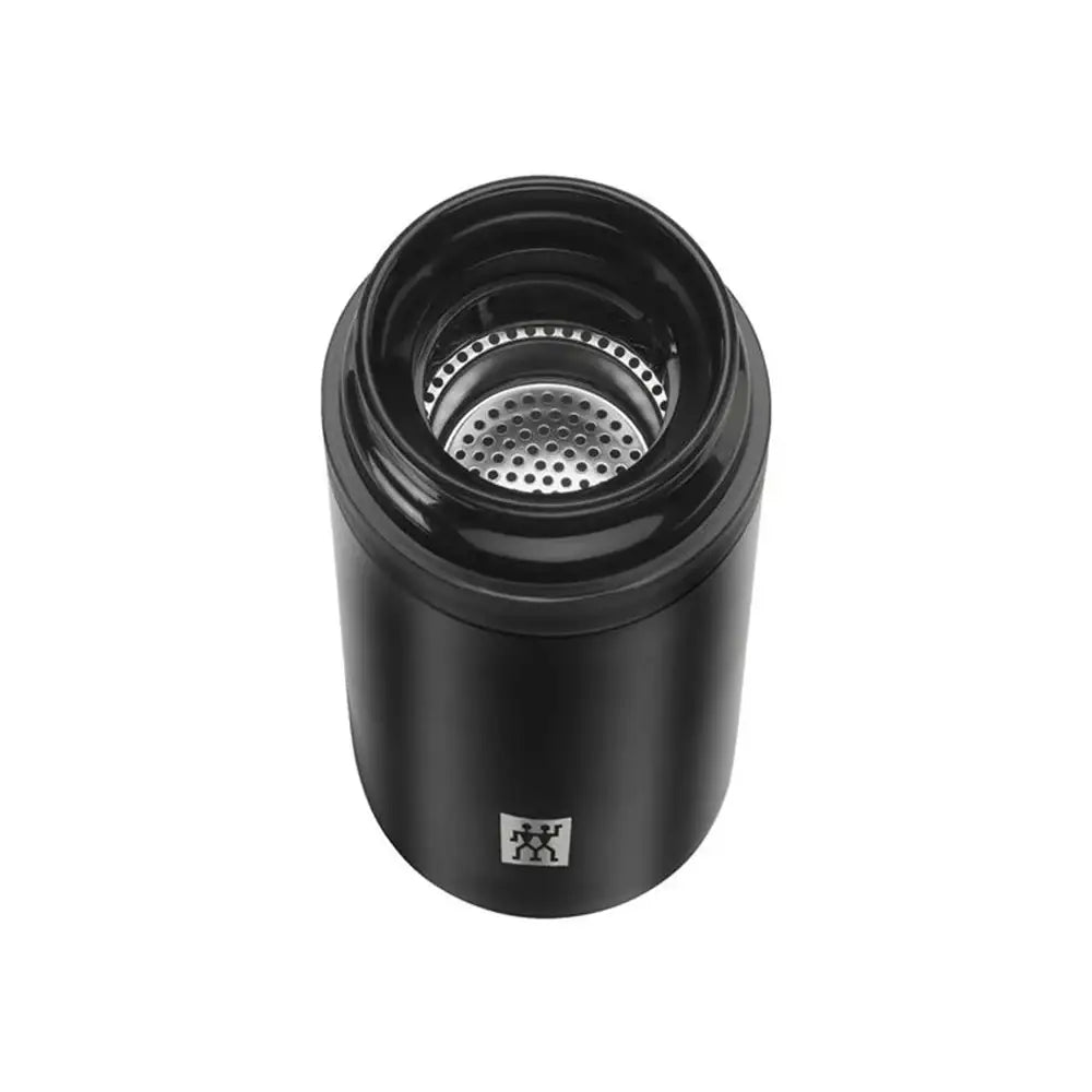 Black thermos with a mesh filter on a white background