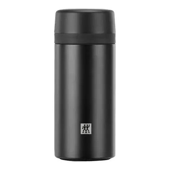 Black thermos bottle with a logo on a white background