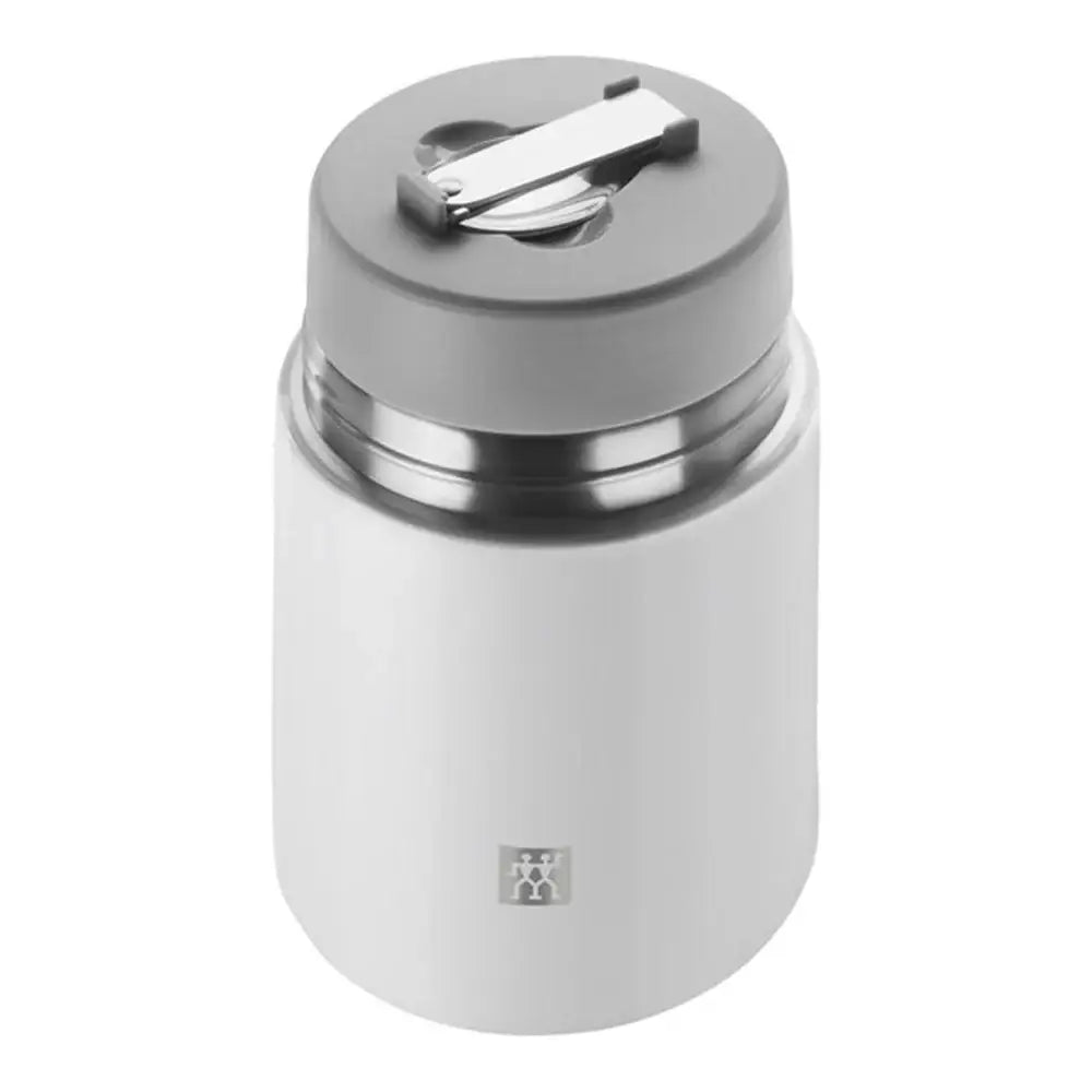 White thermos with silver lid on a white background