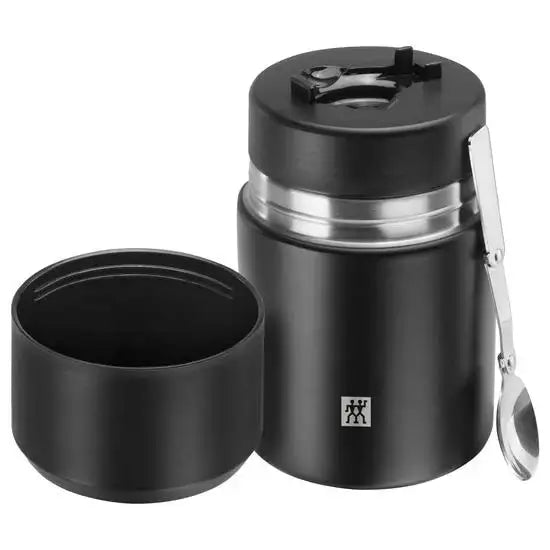 Black insulated food jar with a spoon on a white background