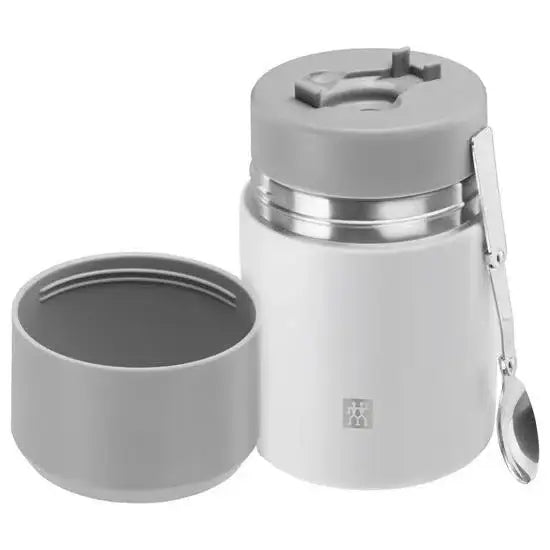 Gray insulated food jar with a smaller gray container on a white background