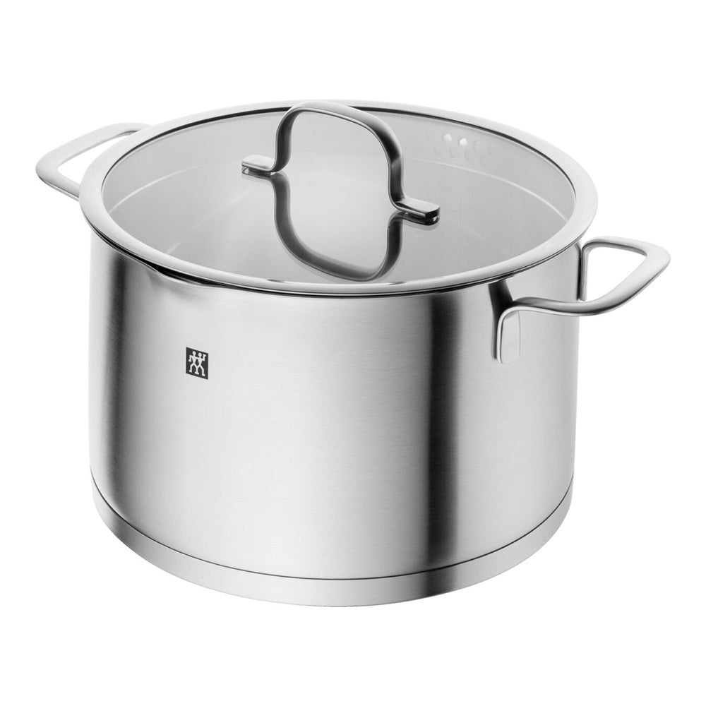 Stainless steel pot with lid on a white background