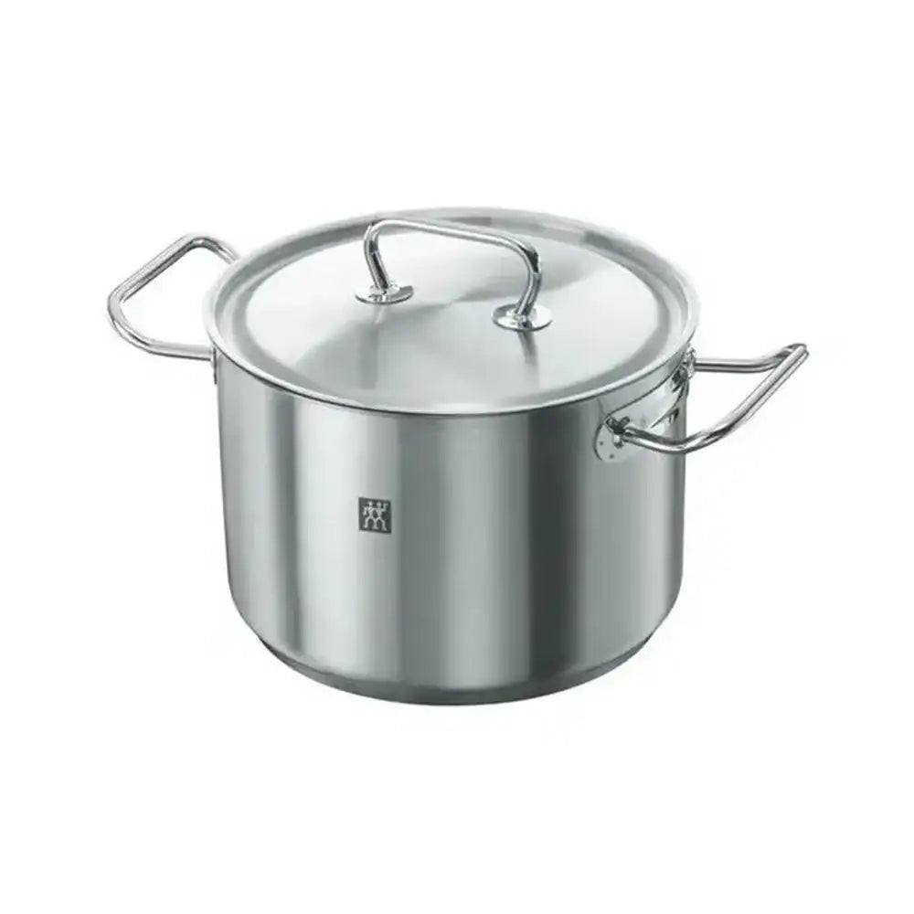 Stainless steel pot with lid on a white background