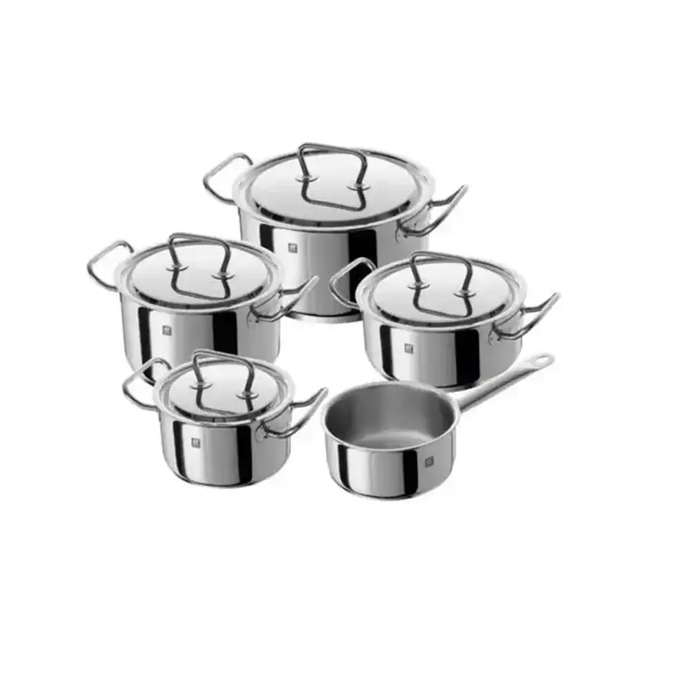 Set of stainless steel cookware with glass lids on a white background