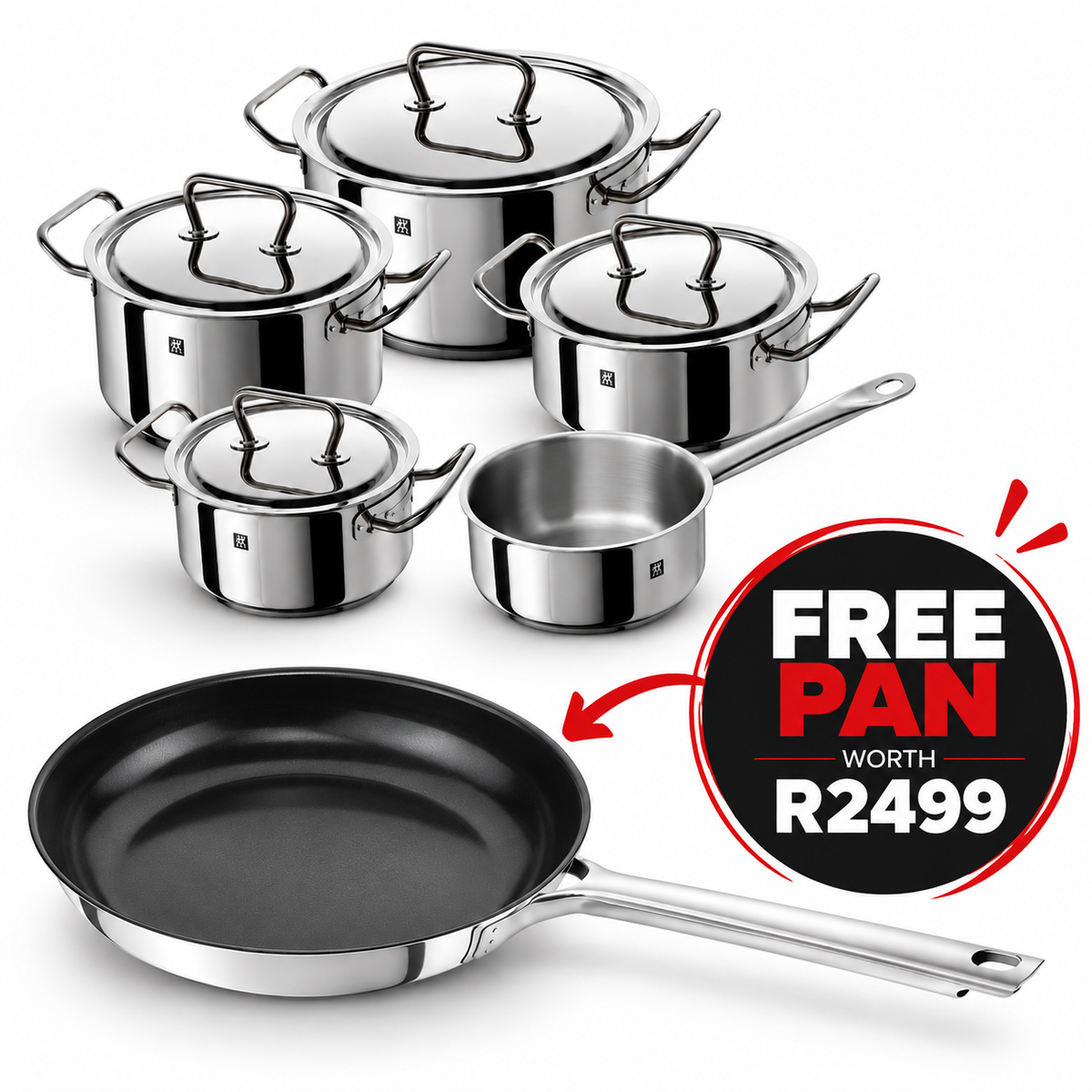A stainless steel cookware set with multiple pots and lids, a saucepan, and a large frying pan, shown on a white background with a promotional badge reading 'FREE PAN WORTH R2499'.