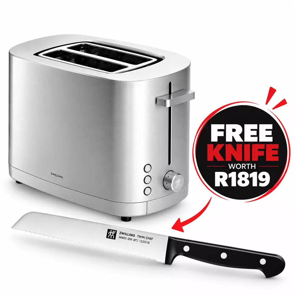 A stainless steel Zwilling toaster is shown on a white background with a promotional badge reading 'FREE KNIFE WORTH R1819' and a red arrow pointing to a Zwilling chef's knife with a black handle.