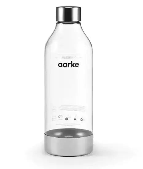 Aarke PET water bottle with polished steel base and cap, clear design, Cookin Stores kitchenware.